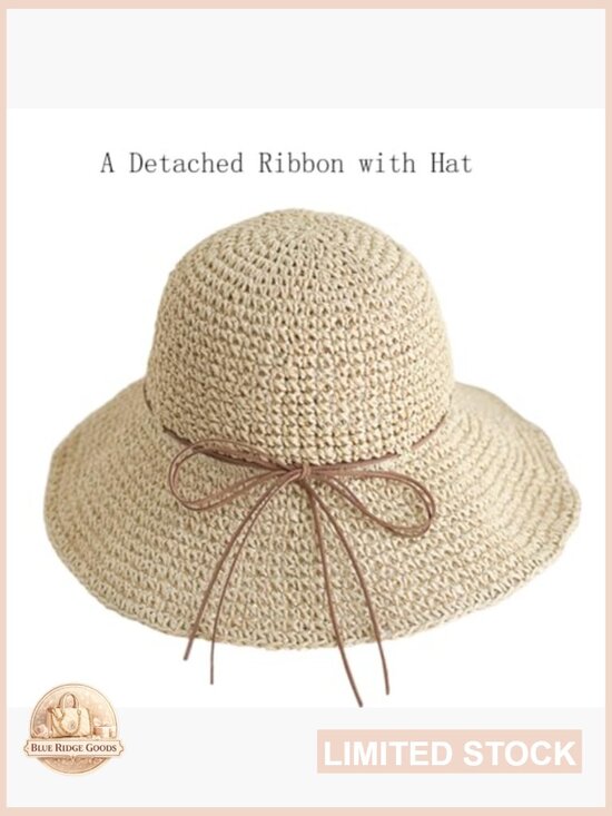 Straw Summer Sun Hat Wide Brim Floppy Bucket Hat Foldable Beach Travel UV main image 6